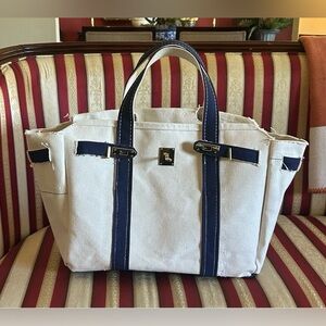 L.L. Bean Canvas Boatkin Tote Bag Navy Blue Gold Hardware Lock & Key Closure